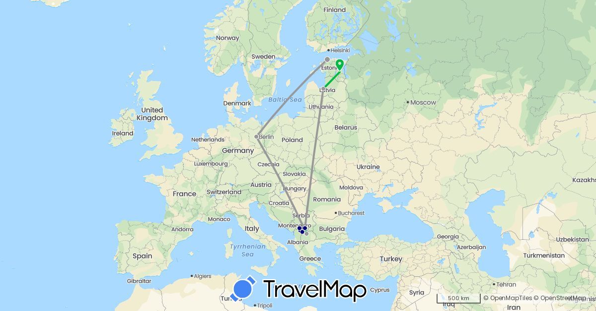 TravelMap itinerary: driving, bus, plane in Germany, Estonia, Latvia, Macedonia, Kosovo (Europe)